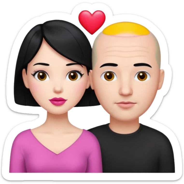👩🏻‍❤️‍💋‍👨🏻 this one but the man should be bald. white woman with black hair and white bald man and a heart between their heads. she has pink lips sticker