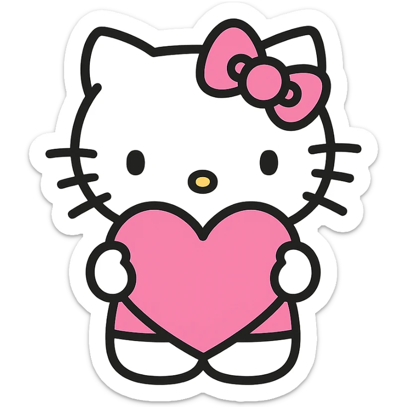 Hello Kitty holding a pink heart, pink and white girly aesthetic, cute and charming icon style sticker