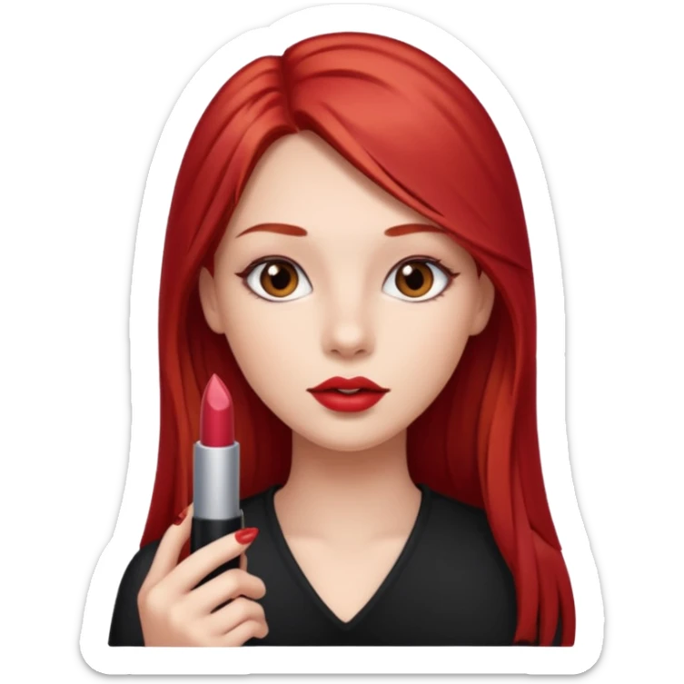 una chica con un pintalabios en la mano de 18 años, de piel blanca con el pelo liso, largo y pelirrojo, ojos marrones sticker
