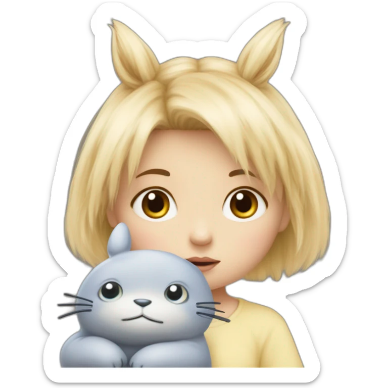 bébé fille blonde décoiffée aux yeux bleus avec une peluche Totoro  sticker