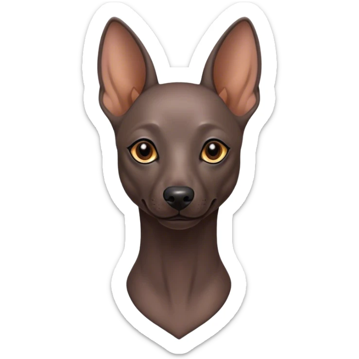 Cinematic Noble Xoloitzcuintle dog Portrait Emoji, Poised and regal, with a sleek, muscular build and smooth, hairless ebony skin accented by subtle wrinkles, deep-set soulful dark eyes, Simplified yet sharp and sophisticated features, highly detailed, glowing with a soft, dignified glow, high shine, intelligent and loyal, stylized with an air of ancient grace, focused and attentive, soft glowing outline, capturing the essence of a watchful and confident guardian, so majestic it feels as though it could stride out of the screen with effortless authority! sticker