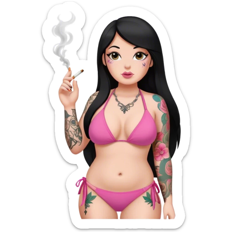 caucasian curvy girl with tattoos in pink bikini, smoking, with a long straight black hair  sticker