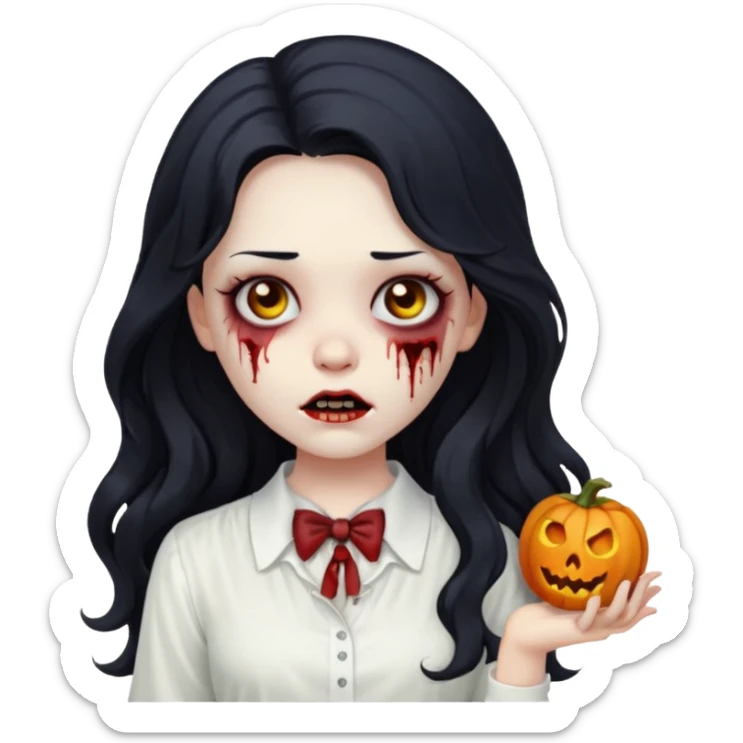 garota zumbi com cabelo preto ondulado longo blusa BRANCA sticker