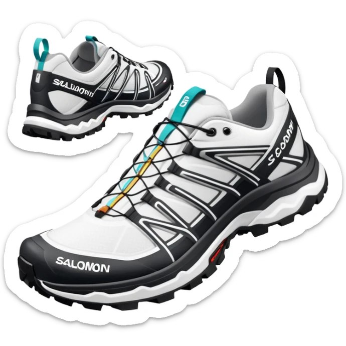 White Salomon XT-6 Gore-Tex sneakers as a pair with one shoe positioned behind the other, iOS emoji style, featuring trail running design with zigzag overlays and aggressive sole sticker