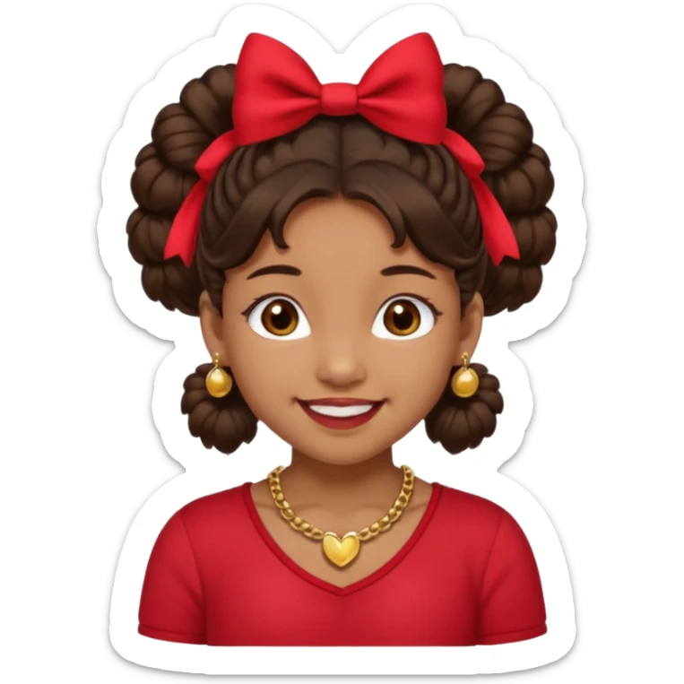 Brownskin girl dark brown hair fluffy. pigtails with red bows brown eyes smiling closed mouth red shirt gold esrrings gold necklace sticker