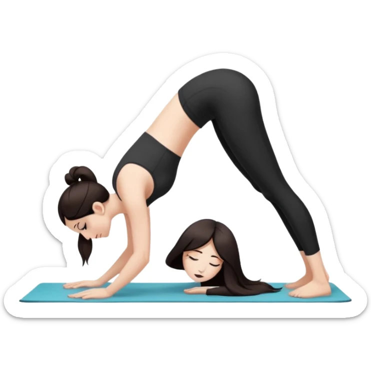 Девушка белокожая в позе собака мордой вниз, с длинными темными волосами, в коротком белом топе, в черных лосинах, с черными ресницами sticker