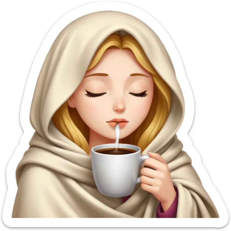 girl inside a blanket sipping coffee eyes closed sticker