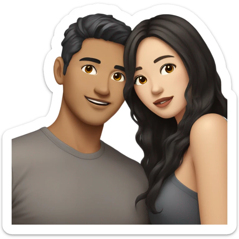 A half pale Asian man with short dark hair and amber eyes embracing and loving a half Asian woman with long wavy dark hair and dark hazel eyes. They love each other a lot And have good fashion taste. sticker