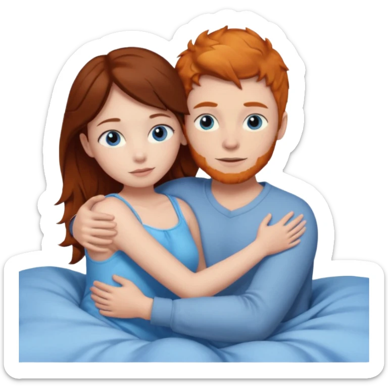 Ginger boy hugging girl with very dark brown hair. Both have blue eyes. They are in bed.  sticker