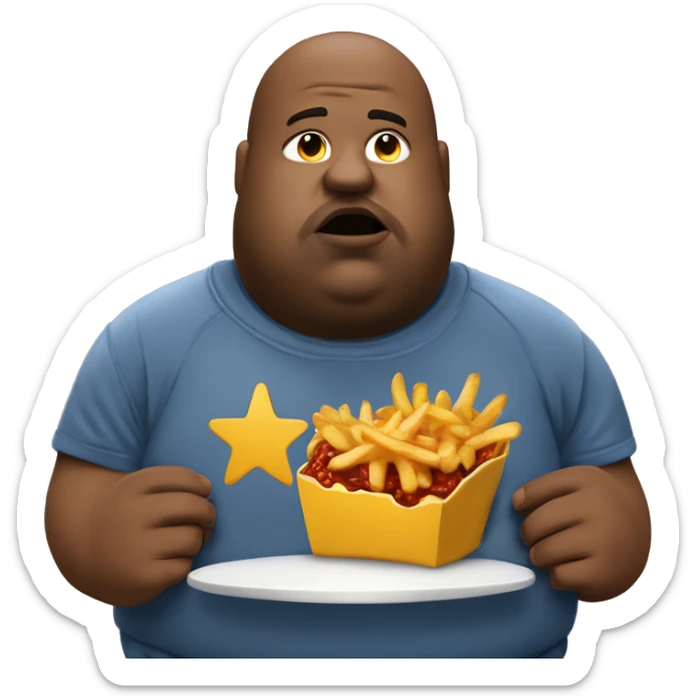 fat man in dirty blue sweatsuit with chili cheese fries in his mouth sticker