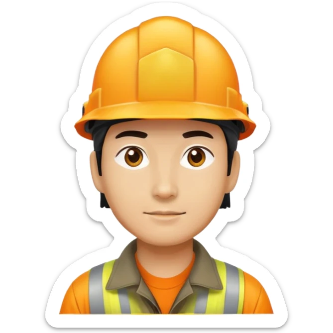 Man of Chinese appearance wearing an orange helmet with a yellow hat on top sticker