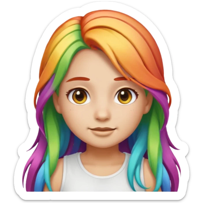 girl emoji with long rainbow hair, she's wearing a white top and has light olive skin  sticker