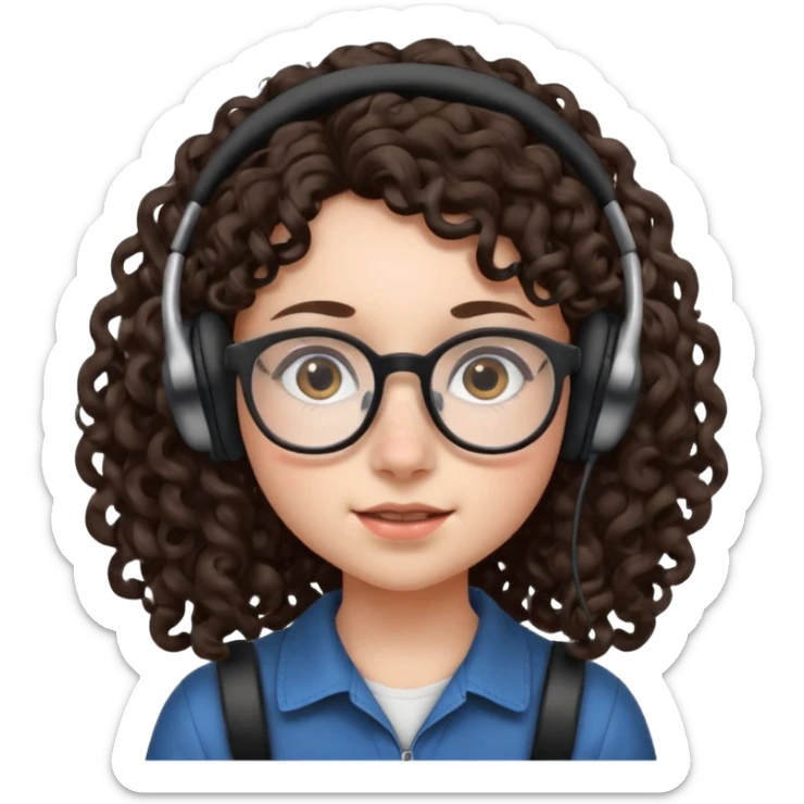 brunette kid with unique face features and very curly long hair kid girl neutral and big glasess and big nose and dark eyes with freckles kind of nerd looking and headphone wearing sticker
