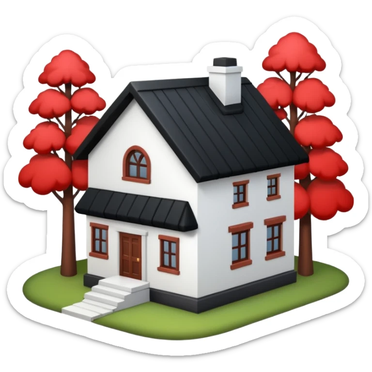 Dom parterowy z czarnym dachem i biała elewacją ze wstawkami z czerwonej cegły.Na drugim planie las. sticker