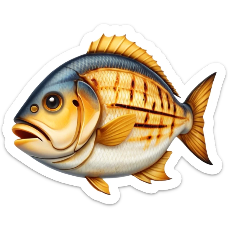 Cinematic Realistic Gradele (Grilled Fish) Dish Emoji, depicted as perfectly grilled fish with a smoky, charred finish rendered with lifelike detail and appetizing, natural lighting. sticker