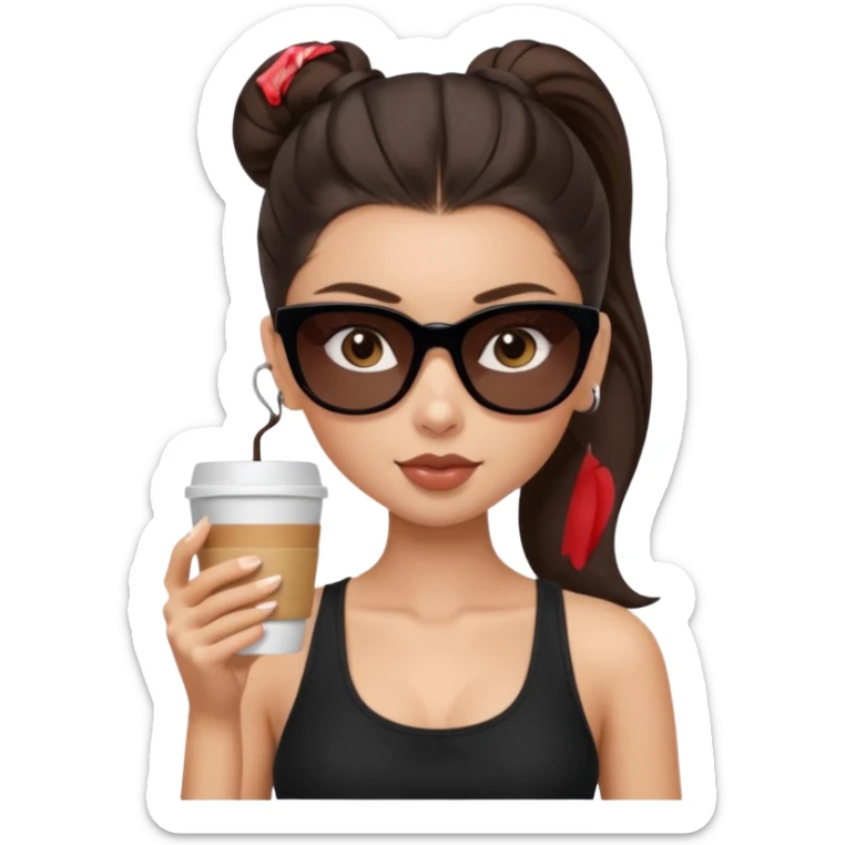 generate a pretty fair bratz girl with dark brown eyes, dark brown eyes tied into a slick back ponytail, thin brown sunglasses. Wearing a black cami top and drinking coffee, high cheekbones sticker