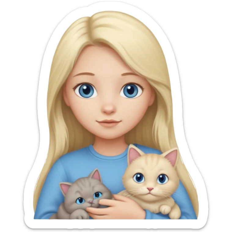 blonde girl with long blonde hair and blue eyes with chubby gray cat sticker