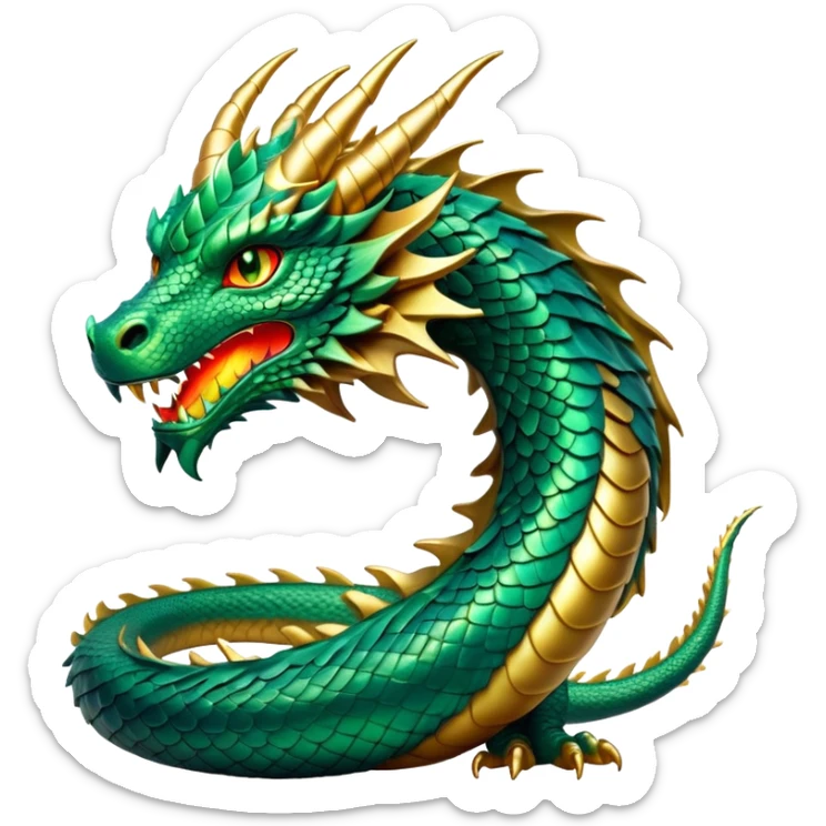cinematic-noble-dragon-portrait-emoji,-poised-and-majestic,-with-a-sinuous,-elongated-body-covered-in-intricately-detailed,-shimmering-scales-in-hues-of-emerald-and-gold,-and-piercing,-fiery-eyes-that-reflect-ancient-wisdom; sticker
