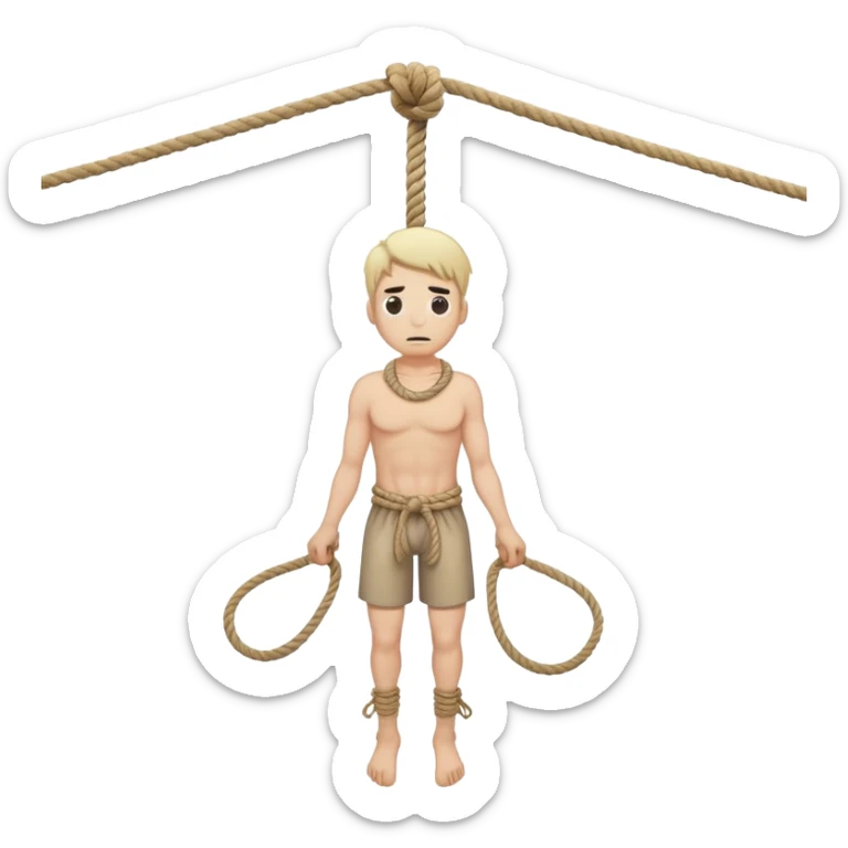 A man with a rope tied by his neck hanging, dead eyes, full body hanging, no other ropes  sticker