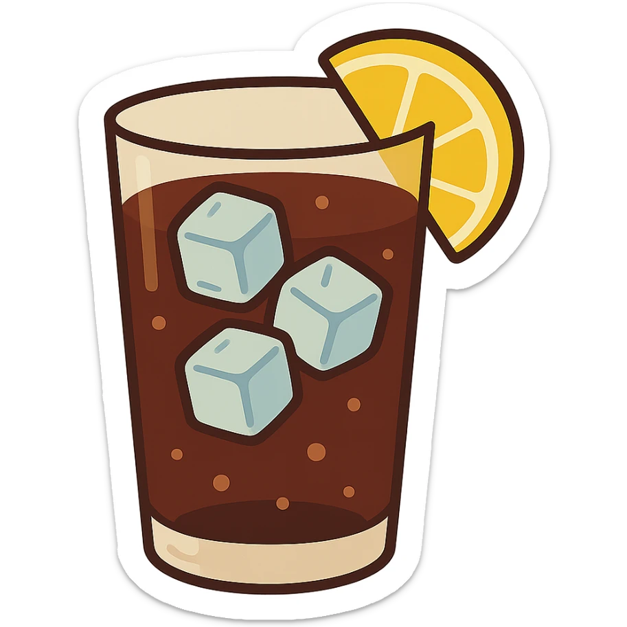 flat toon glass of cola with 3 ice cubes and a wedge of lemon sticker
