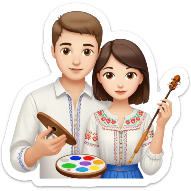 a guy in a white Ukrainian embroidered shirt and a girl in a white Ukrainian embroidered shirt, holding music and a paint palette sticker