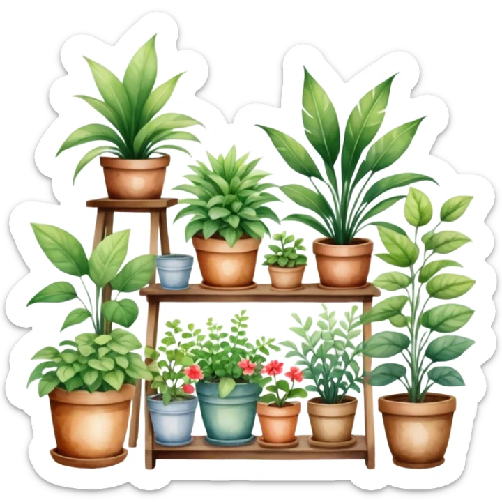 A cozy indoor garden scene with an assortment of potted plants, painted in a delicate and natural watercolor style. sticker