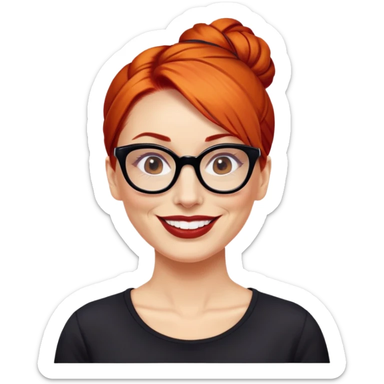 nữ 40 tuổi, da trắng,môi đỏ thẫm, tóc búi gọn gàng màu cam, đeo kính đen, mặt cười tươi, hơi có nếp nhăn, áo đen sticker