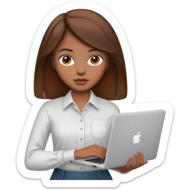memoji of a brown hair female with a grey laptop in front, apple-style, modern sticker