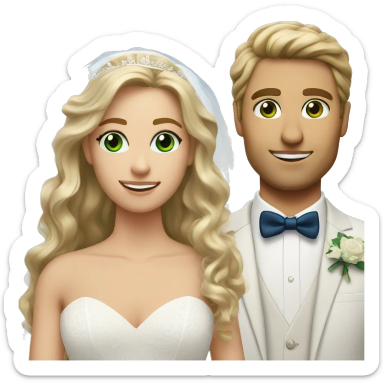 Bride with long wavy lose brown hair and green eyes and blonde groom with blue eyes  sticker