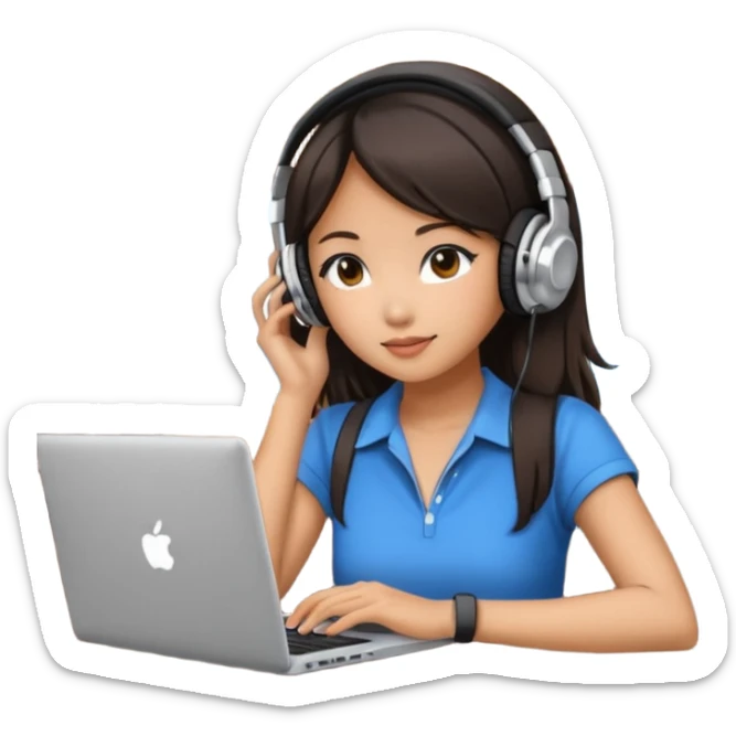 An Asian girl at the bar with a laptop and headphones on sticker