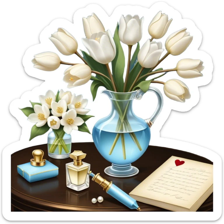 A luxurious still life featuring an ornate glass perfume bottle with a golden atomizer, a handwritten love letter, and a bouquet of white magnolias and pale blue tulips, with a pearl ribbon cascading over the table.
 sticker