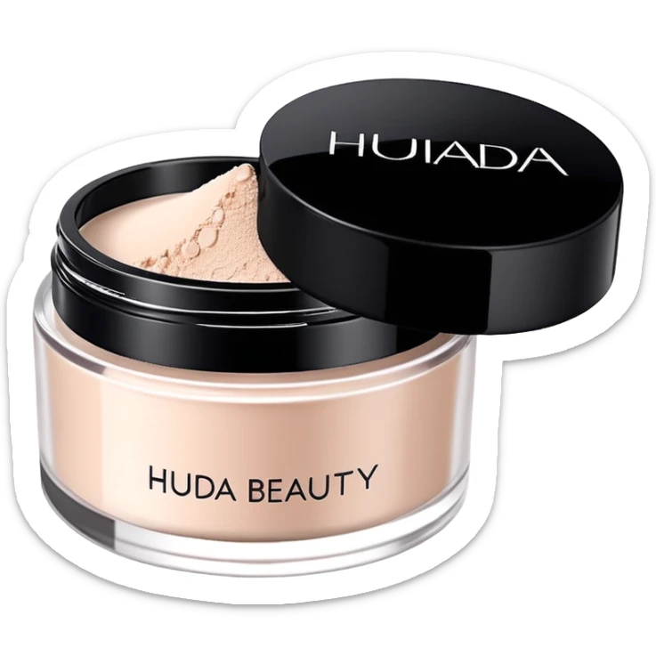 Create an emoji of Huda Beauty loose powder in its round, flat jar, short and wide, frosted or matte plastic, black screw-on lid, minimal luxe makeup packaging, clean glam aesthetic. sticker