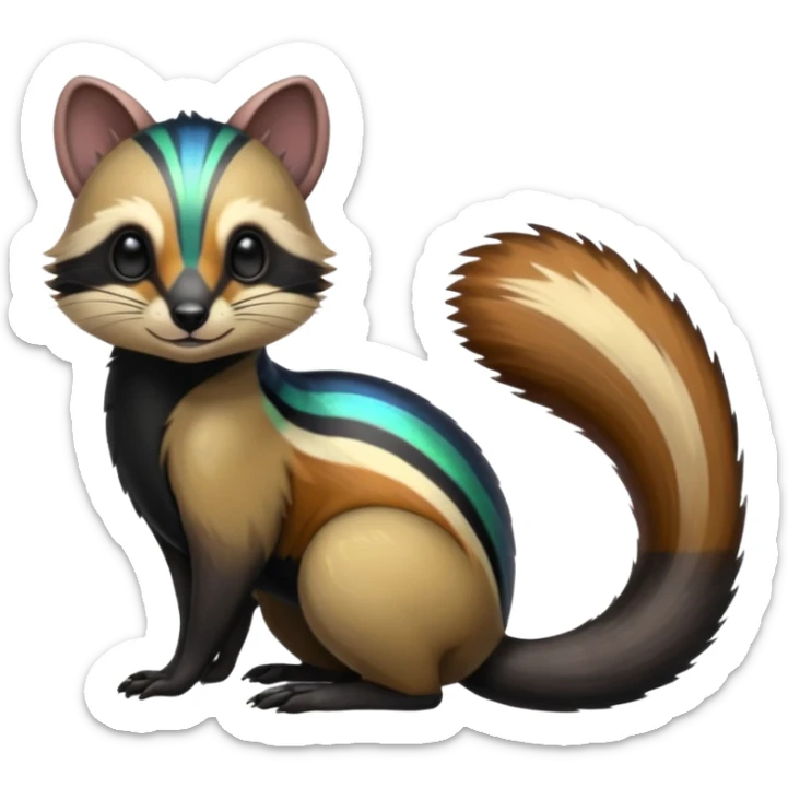 Colorful onyx-obsidian-pitch-black and iridescent Cacomistle-Numbat-Ferret-hybrid-fusion-animal-creature, full body  sticker