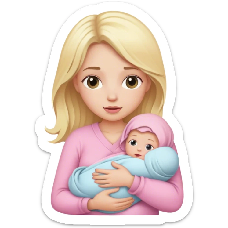 Blonde girl holding a new born baby while the baby is wrapped in pink. sticker