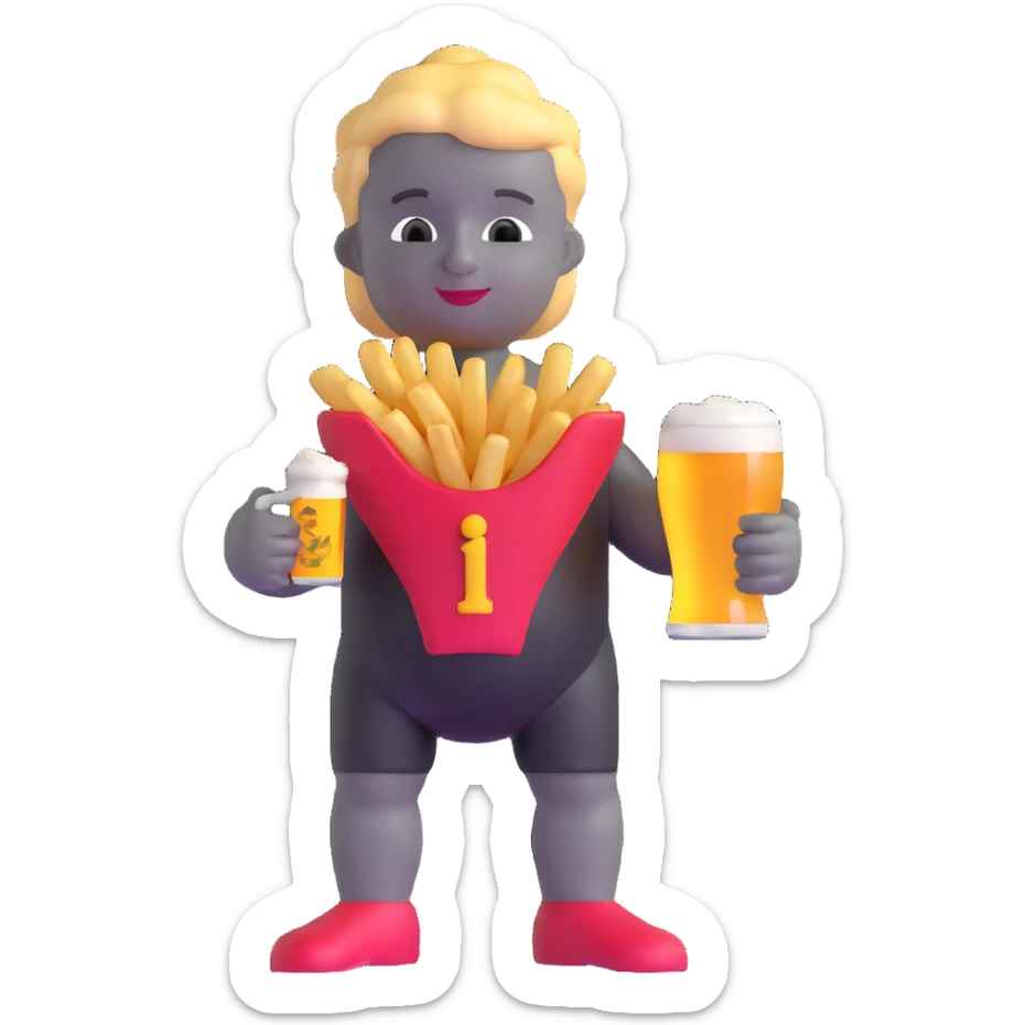 Belgian Manneken Pis statue holding a beer in one hand and fries in the other, playful expression sticker