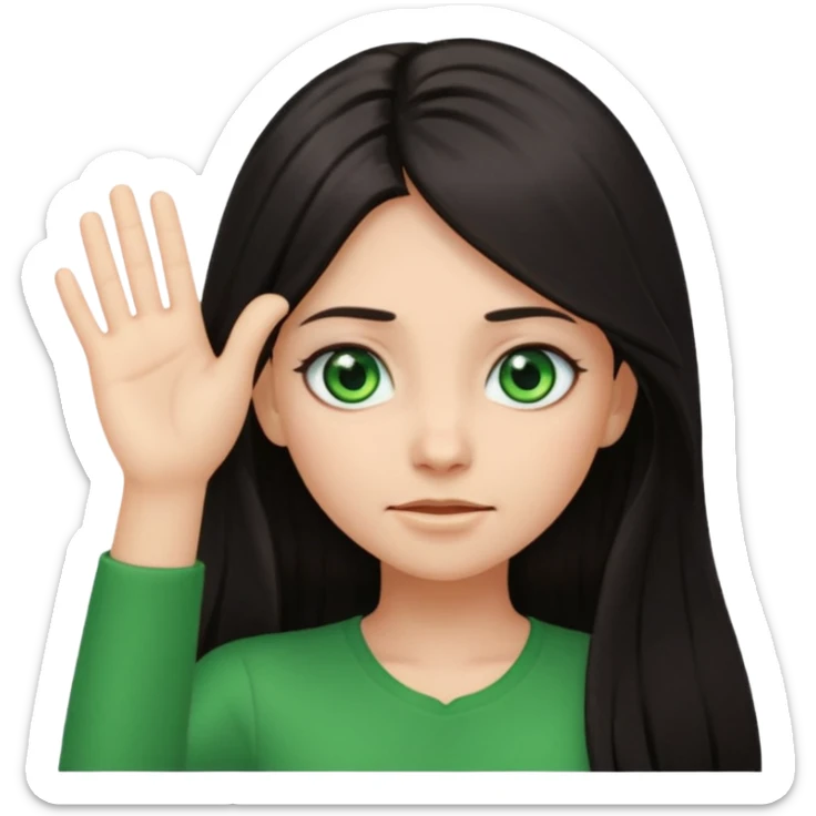 Animated girl dark long hair green eyes emoji with duh facial expression ,one hand on top of her head sticker