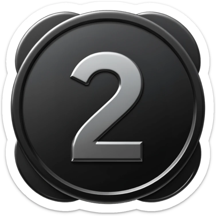 Emoji icon of a black coin with engraved number 2, minimalist style, isolated sticker