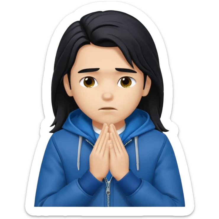a PRETTY BRATZ boy with black long hair looking sad and covering his face with hands sticker
