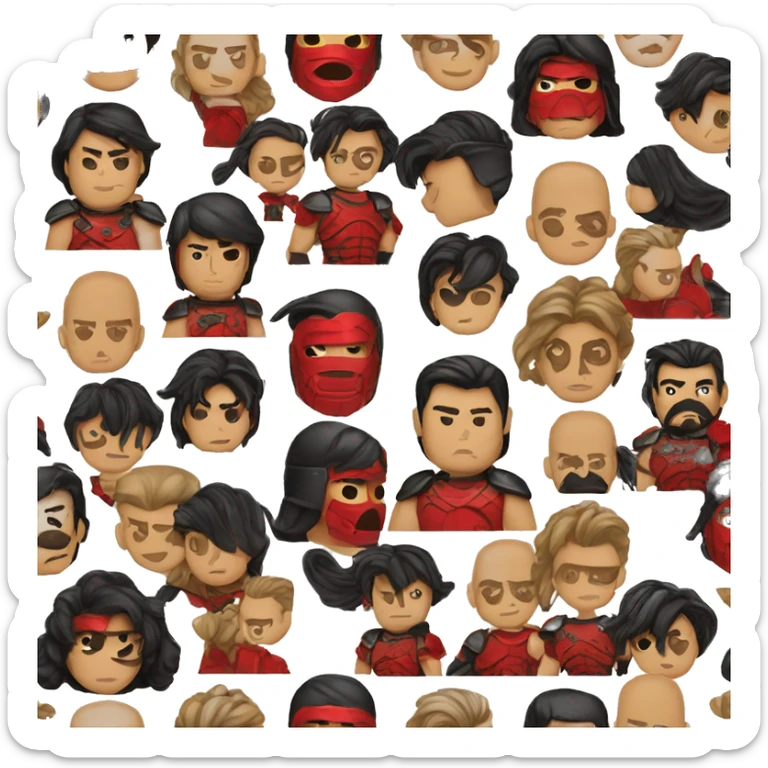 Tanned man black hair stern face red and black armour vintage sticker