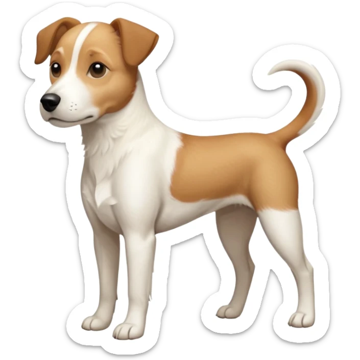 a full body facing front on of a buff white beagle cross jack russell terrier looking dog the size of a kelpie with light brown long ears resting on its face and a light brown patch above one eye and a large snout. the rest of the dog is completely white.  sticker