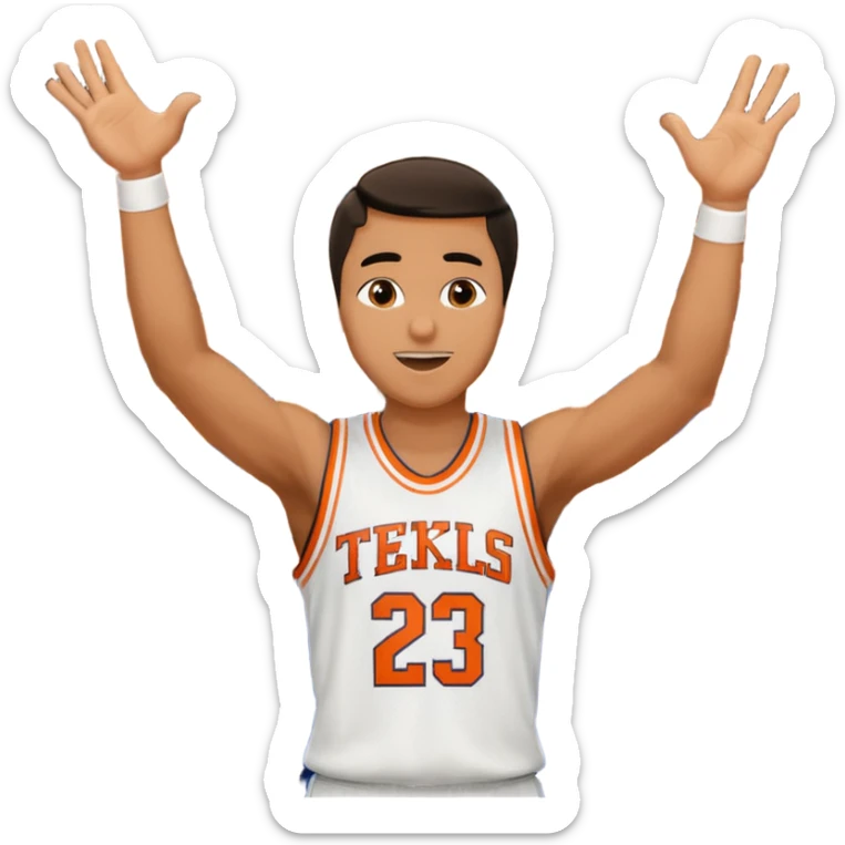 Maverick Trevillian in the crowd at an amateur basketball game. He leans towards the camera and enthusiastically shouts "six seven while performing a distinctive hand gesture: both hands open, palms facing upward, moving up and down as if weighing two options. sticker