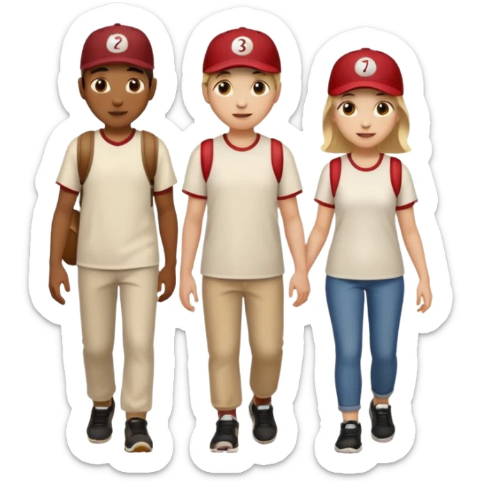iOS emoji style. 2 adult friends and a young teenager wearing a baseball hat walking and talking.  sticker