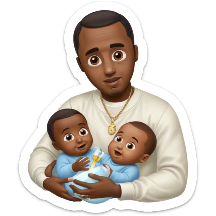Sean “Diddy” Combs with baby oil and a very small infant and he’s pouring the baby oil on the baby and they have a scared face they’re really scared while diddy is happy sticker
