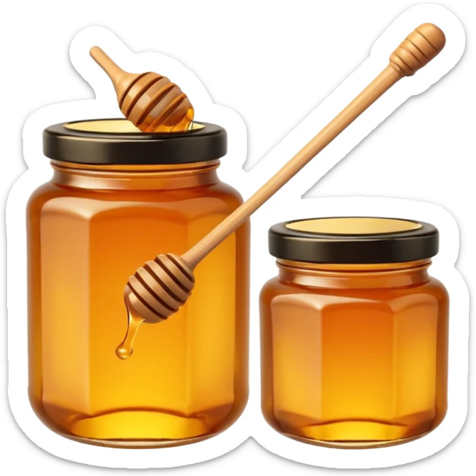 jar of honey, golden amber, glass with glossy surface, simple lid, blank label optional, minimal honey dipper, 3D clean style, transparent background, optimized for emoji size sticker