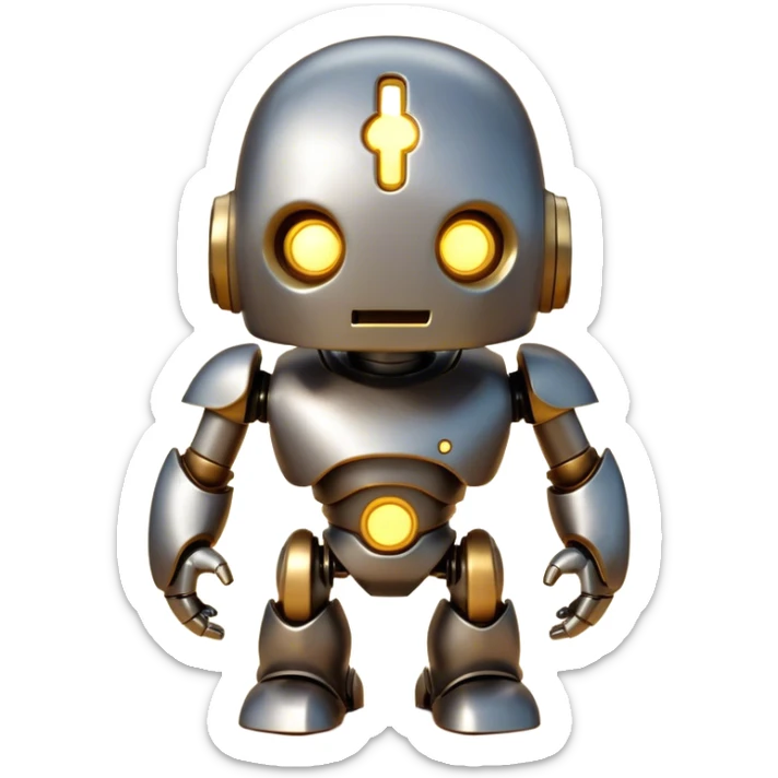 Cinematic Cute Mighty Iron Golem Portrait Emoji Head tilted playfully and inquisitively, featuring a sleek yet sturdy metal form with smooth, polished steel plating and glowing golden engravings, accented by faintly humming energy veins that pulse with life; rendered with lifelike clarity and soft, natural reflections, high shine, charming yet robust, styled with a touch of whimsical fantasy, soft glowing outline, capturing the essence of a watchful yet endearing golem, as if it might shift its massive head with a slow, thoughtful nod at any moment! sticker