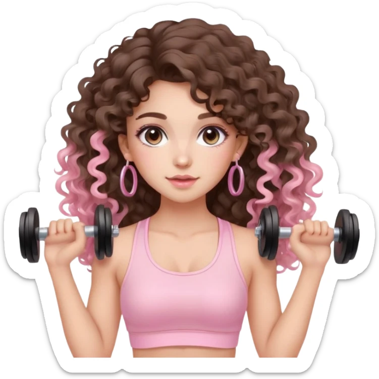 cute balayage brunette long hair curly/wavy haired girl, hoop earrings, clean girl makeup DOING EXERCISE with weights with a cute pastel pink set sticker