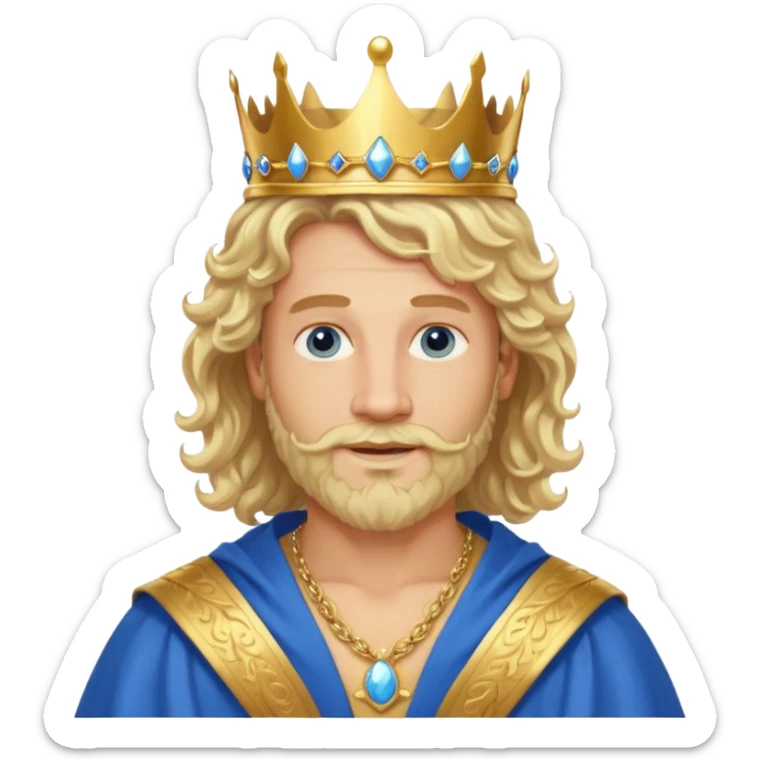 1 Middle-aged white king, 40 years old, blond hair, blond beard, long curly hair, blue eyes, kind and benevolent vibe, gentle smile, wearing a crown and blue robe emoj sticker