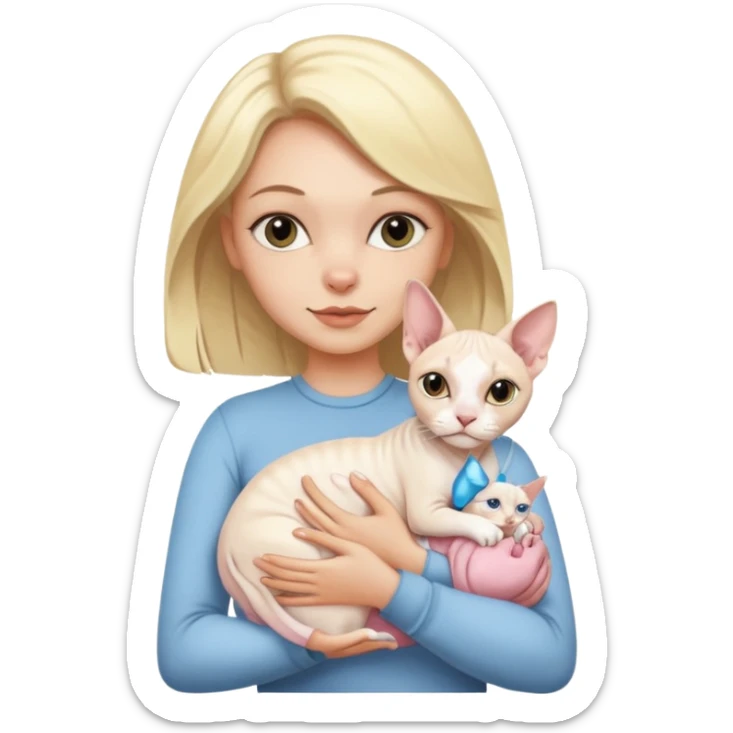 A white girl with blonde hair is holding a white Sphynx cat in her arms sticker