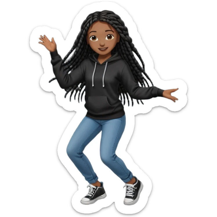 African American girl dark skin with long black box braids wearing plain black hoodie wearing skinny jeans wdancing sticker