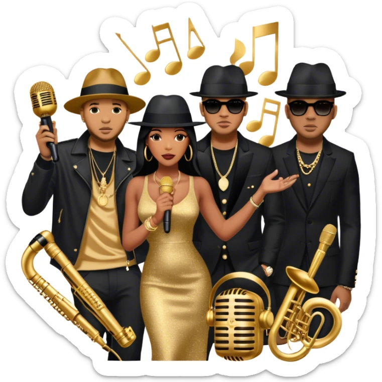 Icon for R&B Music: collage of R&B artists—Victoria Monét, Summer Walker, Usher, Chris Brown, and Muni Long. Each represented by a silhouette or symbolic item like a microphone, fedora, or music notes, reflecting the soul and energy of R&B. Transparent background. sticker